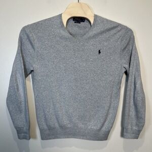 Polo Ralph Lauren 100% Pima Cotton Gray V Neck Sweater Blue Pony Size Medium